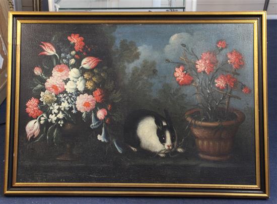 18th Century Neapolitan School Still life of a rabbit beside a vase of flowers and a pot with carnations 25 x 35in.